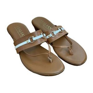 Italian Shoemakers Wedge T-Strap Sandals Tan White Gold Leather 7.5